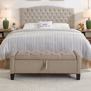 English Elm Ottoman Storage Bench Tufted Linen Upholstered Entryway Seat with Lift Top Shelf Linen W2186P469999