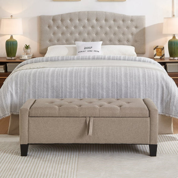 English Elm Ottoman Storage Bench Tufted Linen Upholstered Entryway Seat with Lift Top Shelf Linen W2186P469999