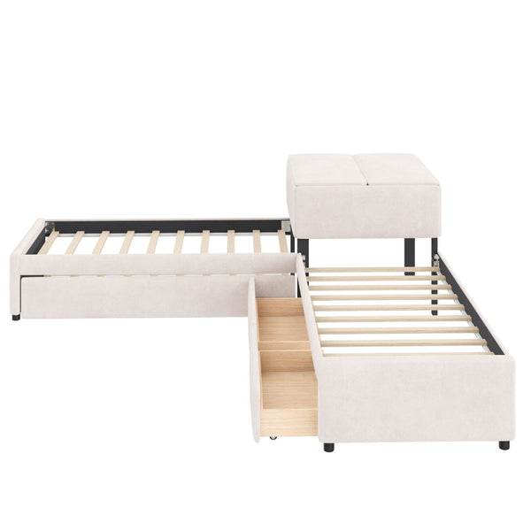 English Elm L-shaped Twin Platform Bed Set with Trundle Drawers and Center Table in Beige Linen GX000531AAA