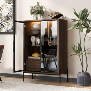 English Elm 51.2'' Freestanding Display Cabinet With Led Lights, Adjustable Glass Shelves & Hidden Storage – Walnut N845P261794D