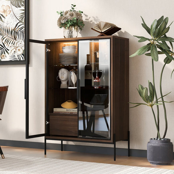 English Elm 51.2'' Freestanding Display Cabinet With Led Lights, Adjustable Glass Shelves & Hidden Storage – Walnut N845P261794D