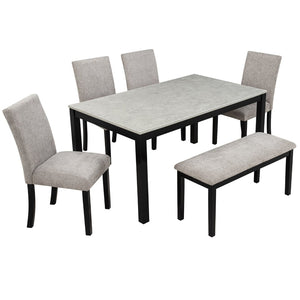English Elm 6 Piece Rubberwood Dining Set with Bench and Linen Chairs for Transitional Kitchen W1998S00091