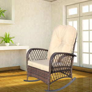 English Elm Outdoor Wicker Rocking Chair with Wide Seat, Thick Removable Cushion, Steel Frame, Weather-Resistant Rocker for Patio Garden Relaxation Brown W209P265093