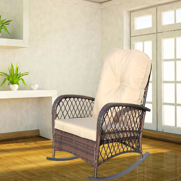 English Elm Outdoor Wicker Rocking Chair with Wide Seat, Thick Removable Cushion, Steel Frame, Weather-Resistant Rocker for Patio Garden Relaxation Brown W209P265093