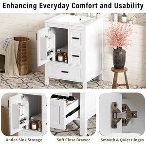 English Elm Modern 24 Inch Bathroom Vanity Solid Wood Cabinet with Ceramic Sink and Soft Close Storage White N729P292859K