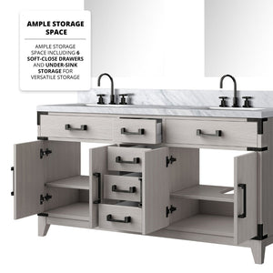English Elm White Oak Double Bath Vanity With Carrara Marble Top, Chrome Faucets, Mirrors & Ample Storage B2731S01854-GIGA