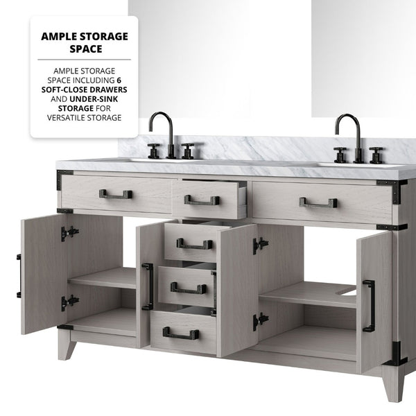 English Elm White Oak Double Bath Vanity With Carrara Marble Top, Chrome Faucets, Mirrors & Ample Storage B2731S01854-GIGA