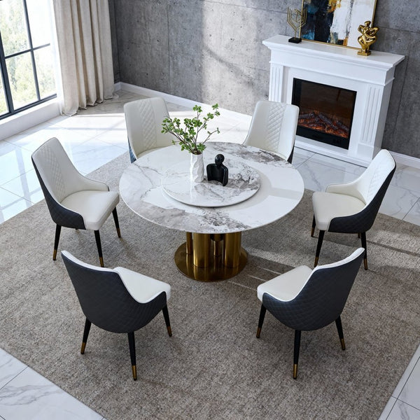 English Elm 59" Round Sintered Stone Dining Table with Lazy Susan Minimalist Base Seats 8 W2699S00097