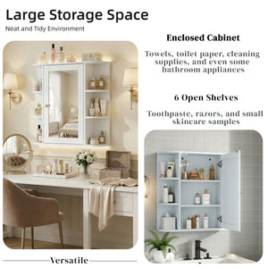 English Elm Bathroom Wall Cabinet with Mirror Door Open Shelving and Adjustable Interior Storage White N817P375228W