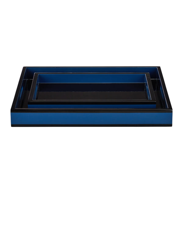 Currey & Company Navy Lacquer Tray Set Of 2 - Elegant High-gloss Finish For Serving, Organizing, And Décor Display Blue Wood 1200-1018-currey-company
