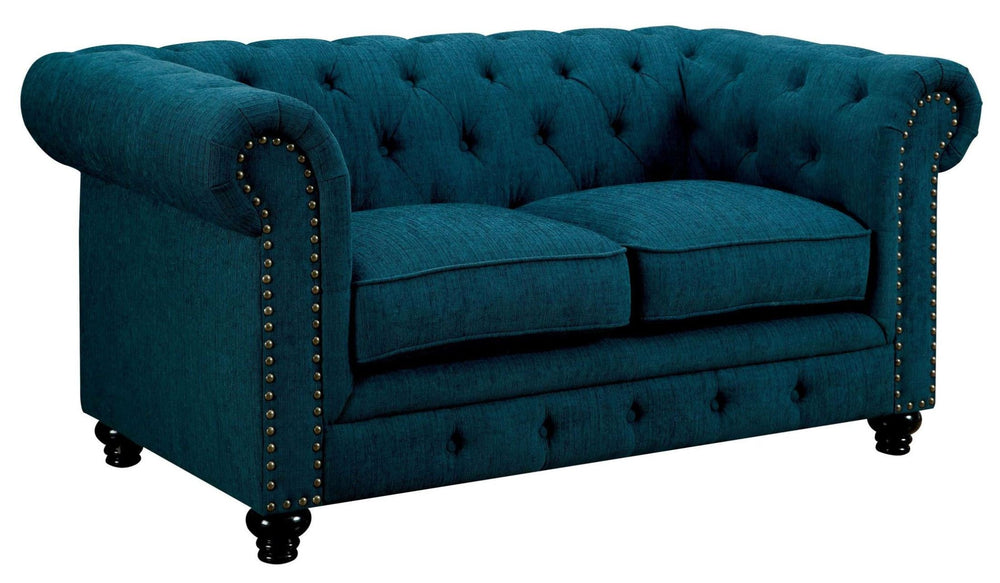 English Elm Contemporary Button-Tufted Loveseat with Nailhead Trim and Rolled Arms in Leatherette, Chic Design Teal 68 L x 30 W x 38 H B2741P322612