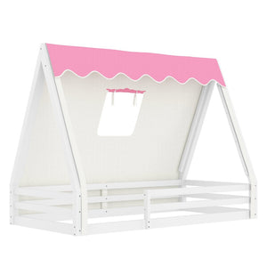 English Elm Twin Montessori Floor Bed Solid Pine Teepee Frame with Guardrails and Canopy Light W1580P369465