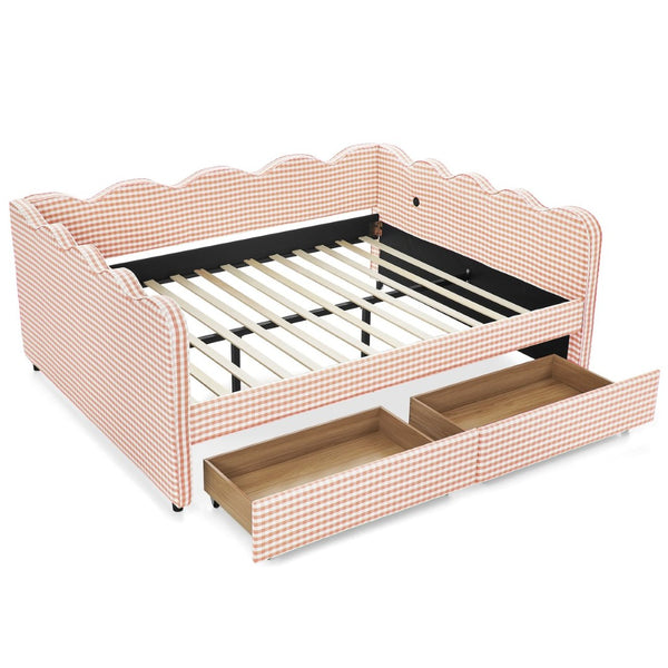 English Elm Queen Gingham Linen Daybed with Wave Backrest Two Storage Drawers and Usb Port Pink W1413S00150