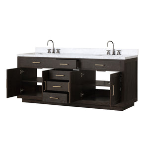 English Elm Brown Oak Double Bath Vanity With Carrara Marble Top & Faucet Set - Elegant Storage Solution For Your Bathroom B2731P257851
