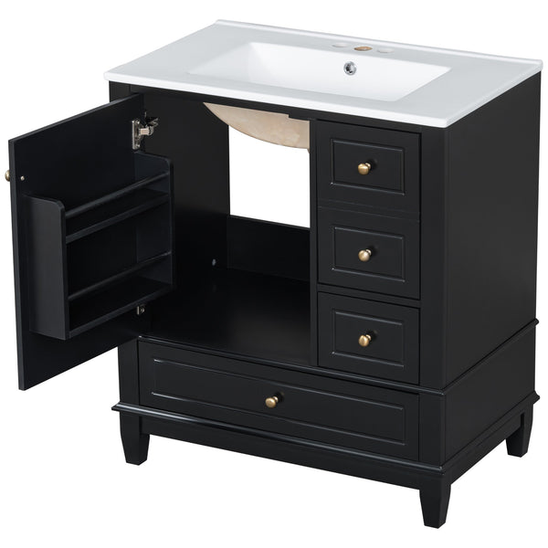English Elm Christopher Knight Home® - 30" Freestanding Bathroom Vanity with Ceramic Sink, Soft-Close Door, Gold Knobs & 3 Drawers, Durable Painted Finish Black N759P225994B