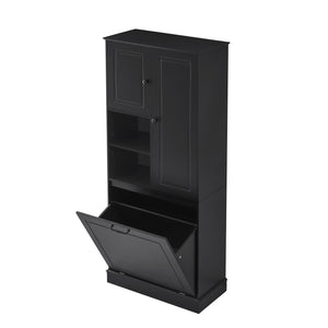 English Elm Tall Storage Cabinet with Flip-Out Basket, Adjustable Shelves & Aluminum Handles for Organized Living Black N725P322739B