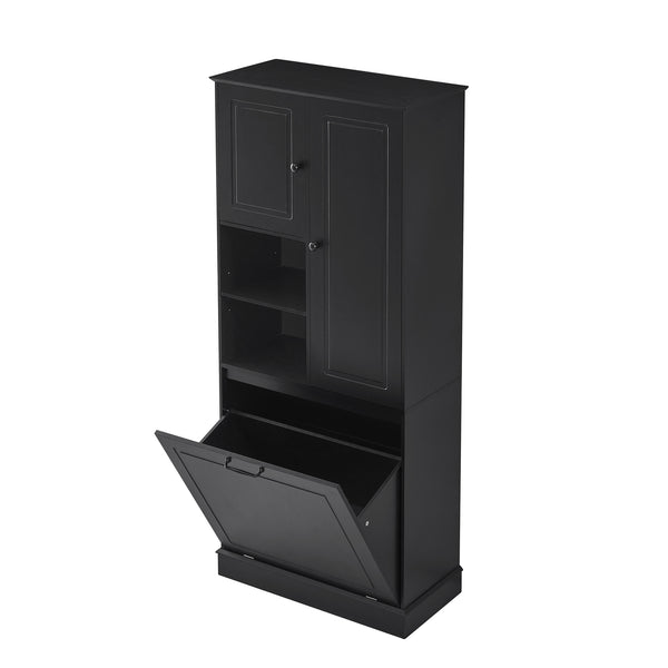 English Elm Tall Storage Cabinet with Flip-Out Basket, Adjustable Shelves & Aluminum Handles for Organized Living Black N725P322739B