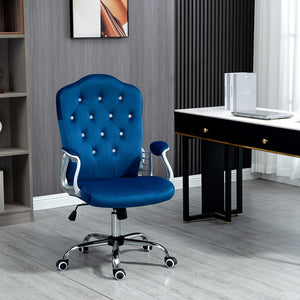 English Elm Vinsetto Home Office Chair, Velvet Computer Chair, Button Tufted Desk Chair With Swivel Wheels, Adjustable Height, and Tilt Function, Blue