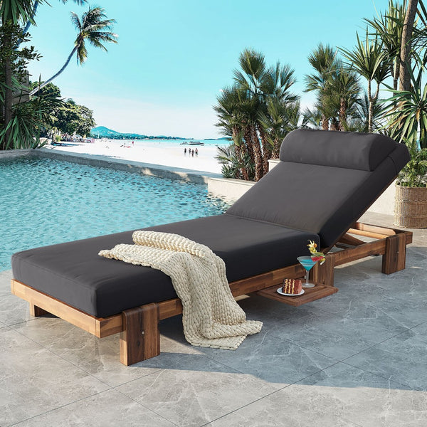 English Elm U_style Acacia Wood Outdoor Chaise Lounge with Retractable Tray and Padded Headrest Dark Gray WY000473AAE