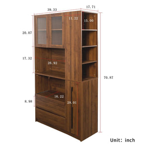English Elm 70.87"h Tall Storage Cabinet Glass Panel Doors Asymmetric Drawers Modern Hallway Organizer W331S00213
