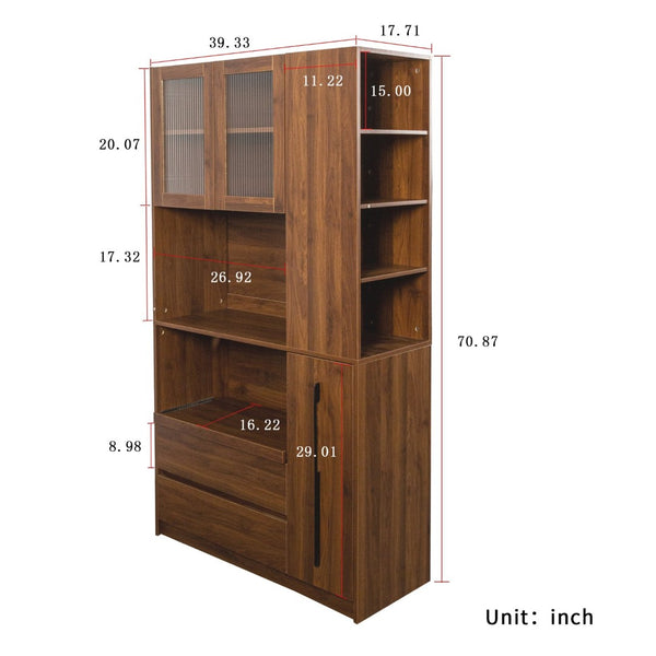 English Elm 70.87"h Tall Storage Cabinet Glass Panel Doors Asymmetric Drawers Modern Hallway Organizer W331S00213
