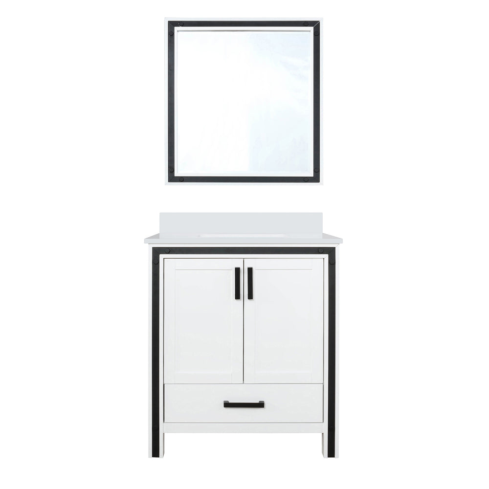 English Elm White Bath Vanity 30 in. W x 22 in. D with White Quartz Top, Soft-Close Drawer, 28 in. Mirror Included B2731S00802