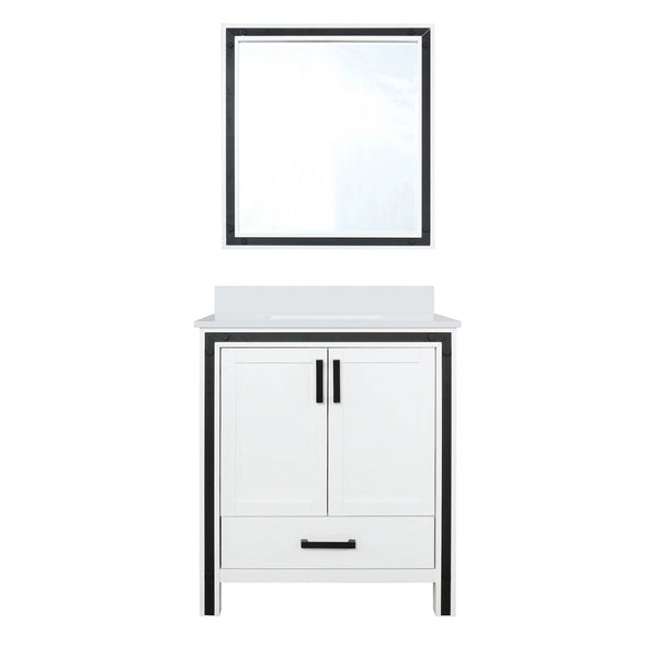 English Elm White Bath Vanity 30 in. W x 22 in. D with White Quartz Top, Soft-Close Drawer, 28 in. Mirror Included B2731S00802