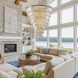 English Elm 48-Inch Gold Tiered Crystal Chandelier — 45-Light E12, 580 Crystal Rods, Mirror Finish, Dramatic Foyer Statement W2869S00030