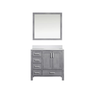 English Elm Distressed Grey Bath Vanity 36 in. W x 22 D with Right Offset White Quartz Top, Soft-Close Storage and 34 in. Mirror B2731S00690