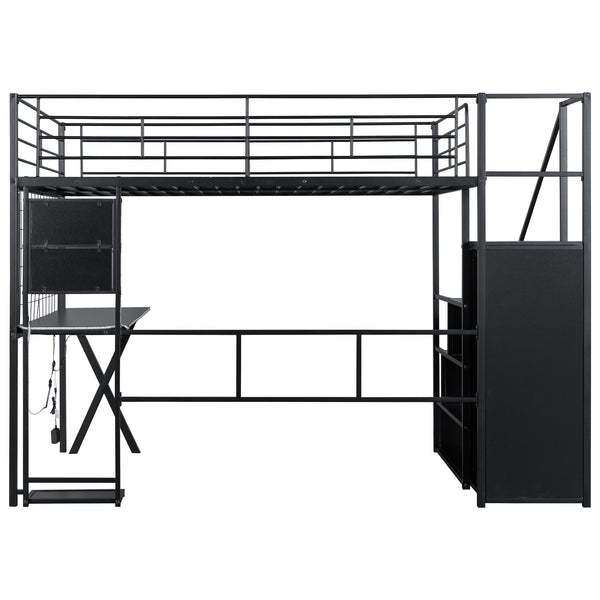 English Elm Full Full Size Metal Loft Bed with Built-In Desk, Wardrobe & Stair Storage, LED Lights, Space-Saving Black GX000663AAB