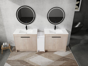 English Elm 84 Inch Freestanding Bathroom Vanity with Integrated Resin Sink, Soft-Close Doors, Shelves & Extra Storage Space Glossy White,Plain Light Oak W999S00320