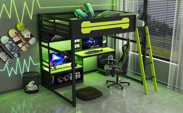 English Elm Full Size Gaming Loft Bed with Built-in Desk Led Lighting Usb Ports and Pegboard Black+Green LT000270AAG