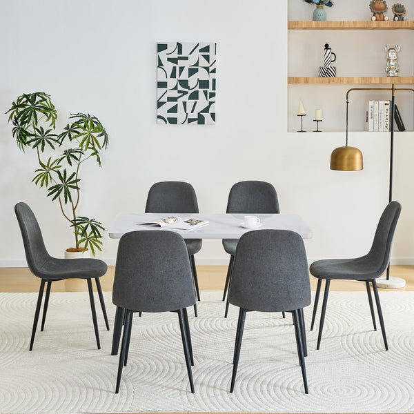 English Elm Table and Chair Set Marble Look Glass Top Modern Dining for Six with Gray Linen Seats W1151S04625