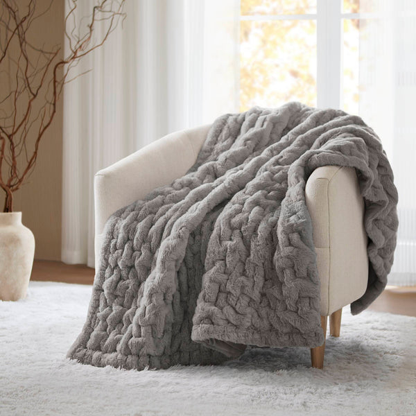 JLA Home Madison Park - Throw Luxurious Ruched Faux Fur Throw with Plush Faux Mink Reverse, Machine Washable, OEKO‑TEX Certified Grey MP50-3090