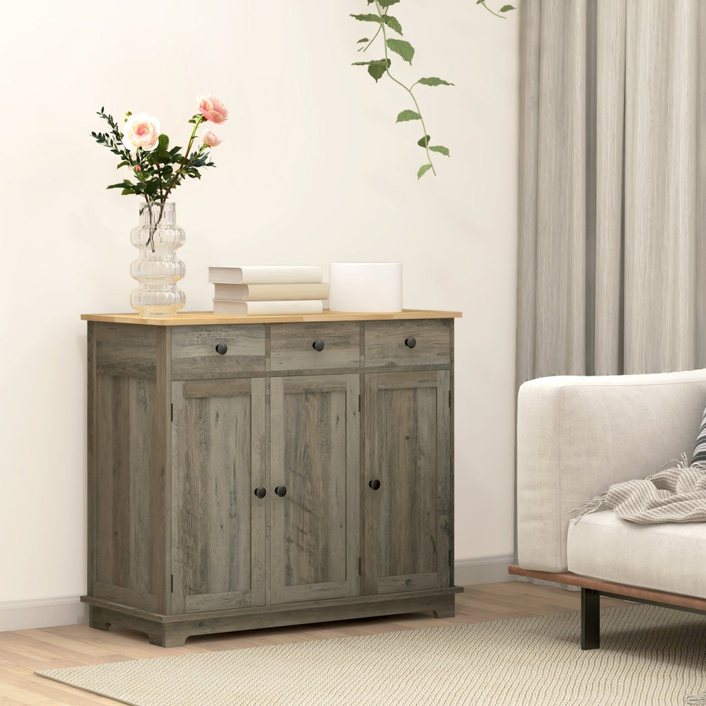 English Elm Homcom Distressed Gray Sideboard With Solid Wood Top, Modern Storage Cabinet, 3 Drawers & Doors W2225P217373