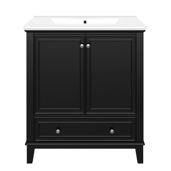 English Elm 30" Bathroom Vanity with Sink — Modern Freestanding 30" Cabinet with Ceramic Top, Drawer, Doors, Shelf Black N725P221263B