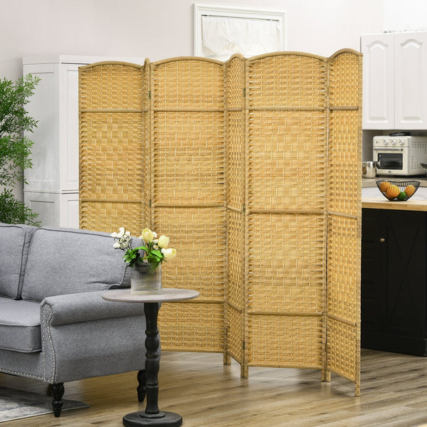 English Elm HOMCOM Hand-Woven 6-Panel Room Divider 6' Tall Folding Privacy Screen Paulownia Frame Natural Wood W2225P217942