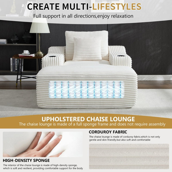 English Elm 67" Corduroy Oversized Chaise Sleeper Sofa Deep Seat Boneless Lounge with Cup Holder Pillows White W1803P409263
