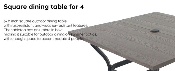 English Elm 5‑piece Outdoor Patio Dining Set Square Iron Table with Wood Grain Finish and Slat Chairs Black W3979S00049