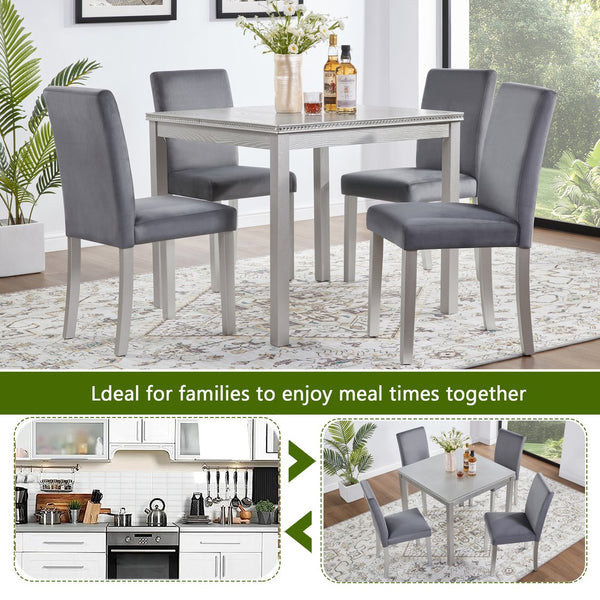 English Elm 5 Piece Wooden Dining Table Set - Elegant Square Table & 4 Upholstered Chairs With Crystal Accents W1998S00068