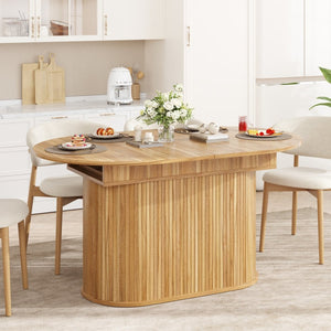 English Elm 55.11"-70.86" Extendable Dining Table with Sculpted Striped Legs Seats Six in Modern Style Natural W757P411747