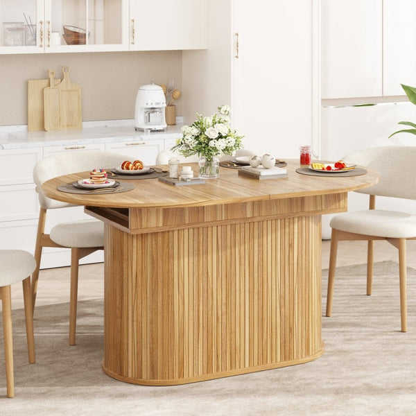 English Elm 55.11"-70.86" Extendable Dining Table with Sculpted Striped Legs Seats Six in Modern Style Natural W757P411747