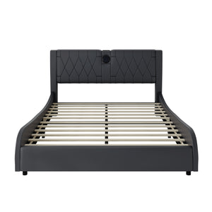 English Elm Queen Luxurious Faux Leather Platform Bed with Thick Headboard, Bluetooth Speakers & RGB Ambience Lights Black 62.6 L x 19.69 W x 12.99 H N701P241047B