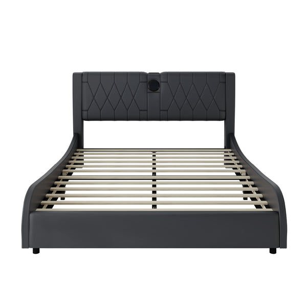 English Elm Queen Luxurious Faux Leather Platform Bed with Thick Headboard, Bluetooth Speakers & RGB Ambience Lights Black 62.6 L x 19.69 W x 12.99 H N701P241047B