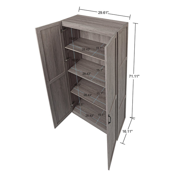 English Elm Hopkins Tall Storage Cabinet with 4 Adjustable Shelves, Soft-Close Doors & Black Metal Pulls Grey B365P398309