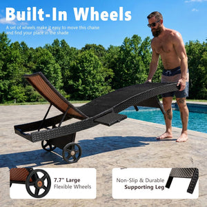 English Elm K&k Outdoor Wicker Reclining Chaise Set 2 Piece with Pull Out Tray Rolling Wheels Black+Brown N707P395515D