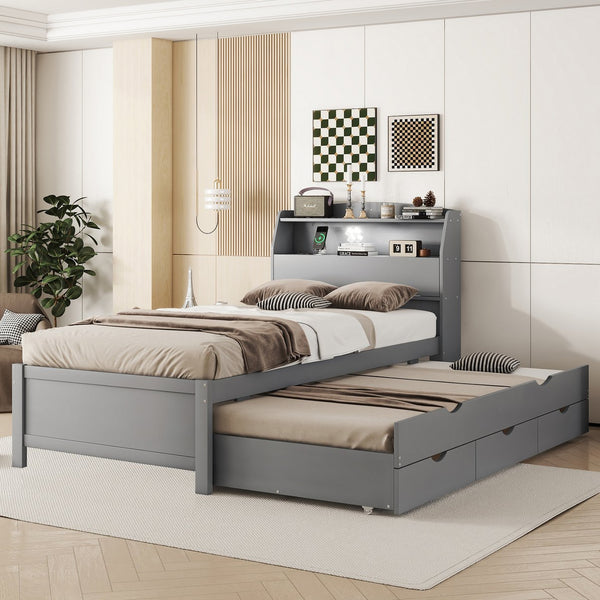 English Elm Twin LED Platform Bed with Trundle and Under-Storage Drawers, Flip-Up Headboard, USB Ports Gray N820S10008E