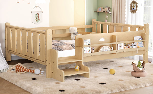 English Elm Twin Pine Floor Bed with Guardrails Built-in Bookcases and Stair Steps for Kids W1580P430186