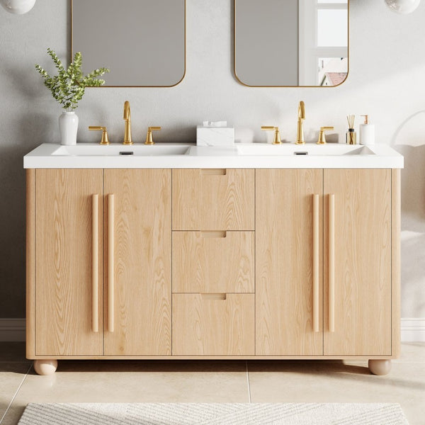 English Elm [video] 59 Inch Double Sink Vanity with Wood Grain Mdf Soft Close Doors and Resin Basins N759S425430N