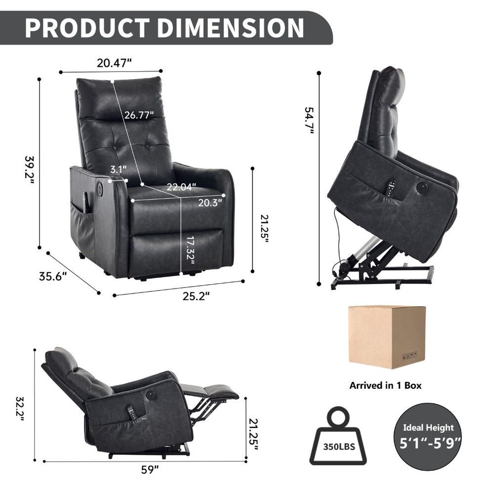 English Elm Deep Grey Pu Leather Power Lift Recliner with Massage Heat and Usb Charging Port W1803P364105